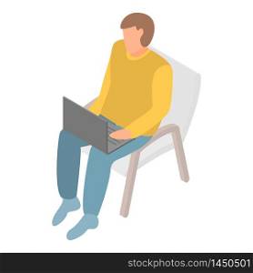 Freelancer work at laptop on chair icon. Isometric of freelancer work at laptop on chair vector icon for web design isolated on white background. Freelancer work at laptop on chair icon, isometric style