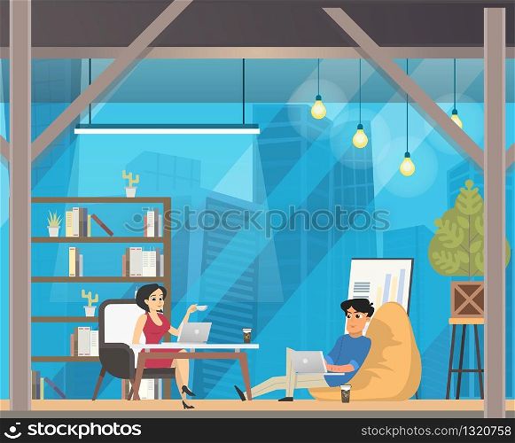 Freelancer Work in Casual Openspace Coworking. Open Space Office Interior. Shared working environment. People Talking and Working at Laptop. Flat Cartoon Vector Illustration. Freelancer Work in Casual Openspace Coworking