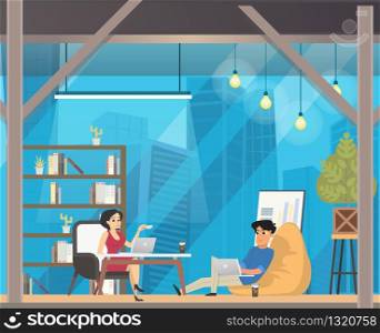 Freelancer Work in Casual Openspace Coworking. Open Space Office Interior. Shared working environment. People Talking and Working at Laptop. Flat Cartoon Vector Illustration. Freelancer Work in Casual Openspace Coworking