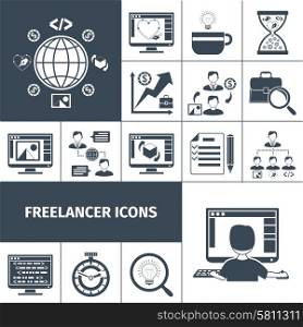 Freelancer workflow and business process icons black set isolated vector illustration. Freelancer Icons Black