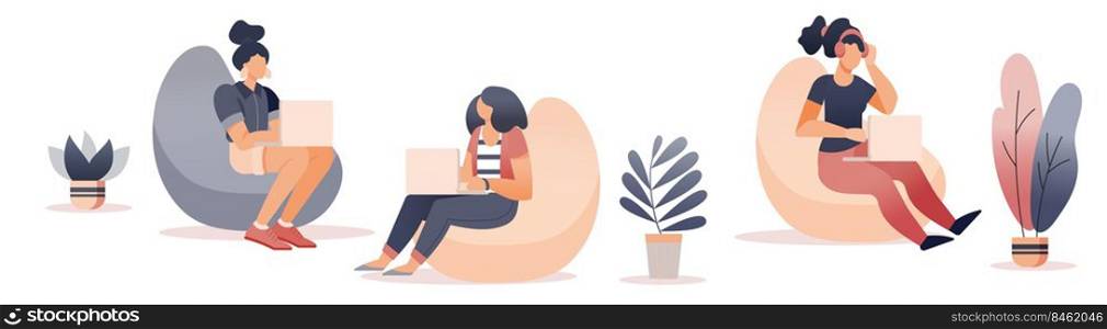 Freelancer working at coworking office. Flat style cartoon faceless character. Lifestyle, creativity concept. Minimal vector illustration.. People working at home office