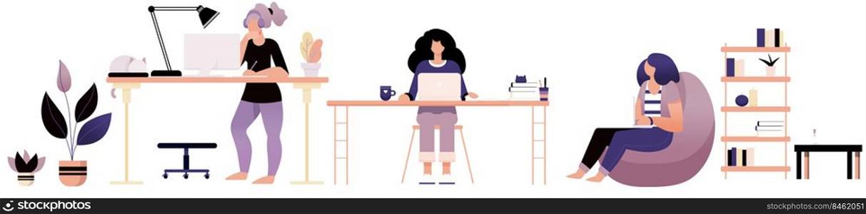 Freelancer working at coworking office. Flat style cartoon faceless character. Lifestyle, creativity concept. Minimal vector illustration.. People working at home office