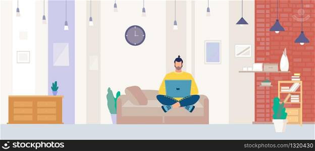 Freelancer Working at Home, Man Sitting on Sofa, Using Laptop, Messaging with Friends, Chatting in Social Network, Learning Online Flat Vector Illustration. Distant Work and Internet Education Concept