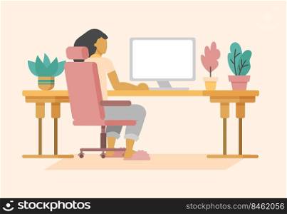 Freelancer working at home office at desk. Flat style cartoon faceless character. Lifestyle, self isolation, pandemic concept. Minimal vector illustration.. Freelancer working at home office