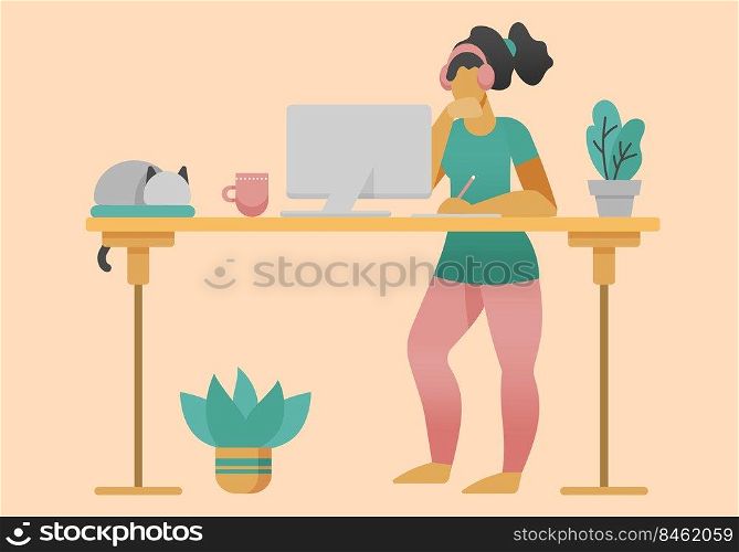 Freelancer working at home office at standing desk. Flat style cartoon faceless character. Lifestyle, self isolation, pandemic concept. Minimal vector illustration.. Freelancer working at home office