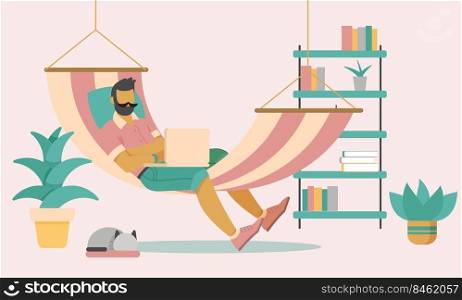 Freelancer working at home office in a hammock, Flat style cartoon faceless character. Lifestyle, self isolation, pandemic concept. Minimal vector illustration.. Freelancer working at home office