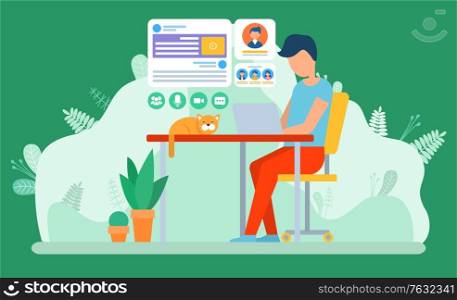 Freelancer working at home vector, character with laptop surfing web. Person with cat ad plants, board with information on screen. Distant work flat style. Freelancer Working in Office or Home, Freelancer