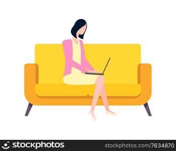 Freelancer working from home, lady sitting on sofa, furniture at house, comfortable atmosphere for work and productivity, person with computer. Vector illustration in flat cartoon style. Woman Working with Laptop and Gadget Freelance