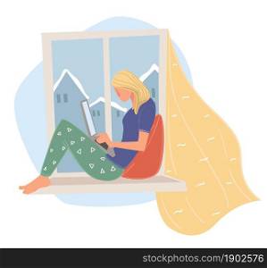 Freelancer working from home sitting on window sill completing online task or project at work. Female character during quarantine, student busy with education and courses. Vector in flat style. Female character working on project at home vector