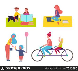 Freelancer working in park, sitting on blanket surrounded by books and coffee. Isolated icons set, family mother and kid with balloon, bikers vector. Freelancer Working in Park Set Vector Illustration