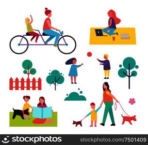 Freelancer working on blanket in park, people relaxing isolated icons set. Bicycle with mother and daughter, children with ball, walking dog vector. Freelancer Working People Set Vector Illustration