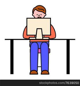 Freelancer working on business project. Isolated character looking at screen of gadget. Student learning at online courses. Office worker or programmer at work vector in flat style illustration. Blogger with Laptop, Student with PC, Freelancer