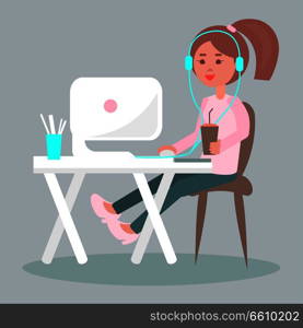 Freelancer working on computer at home. Smiling girl in headphones seating at the table with cup of coffee flat vector. Internet browsing at comfortable workplace. Listen music online illustration