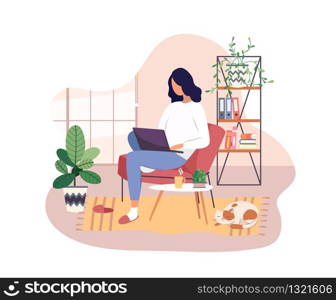 Freelancer working on laptop at home, remote job. Young girl studying from home, e-learning concept. Comfortable conditions for work during the quarantine. Online shopping. Vector illustration.. Freelancer working on laptop at home, remote job.