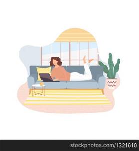 Freelancer working on laptop lying on sofa at home,remote job.Young girl studying from home,e-learning concept.Comfortable conditions for work during the quarantine.Online shopping.Vector illustration. Freelancer working on laptop on sofa at home.