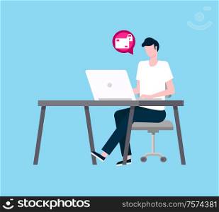 Freelancer working on laptop vector. Person thinking about new electronic device application for security of transaction and privacy correspondence coder. Freelancer Working on Laptop Transaction Security