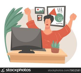 Freelancer working on project from home. Male character tired of work and tasks, yawning and stretching by workplace. Office of personage with plants and decoration on wall. Vector in flat style. Tired male character working on project online