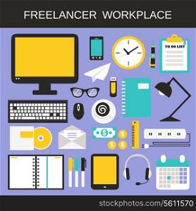 Freelancer workplace icons set with computer notebook calculator smartphone isolated vector illustration