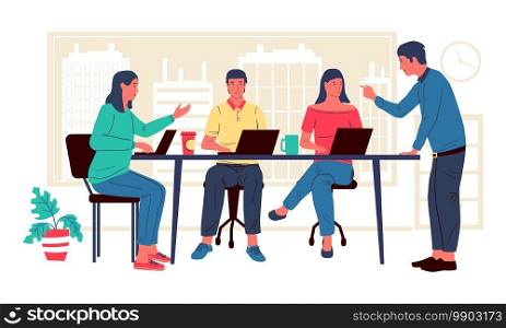 Freelancers at coworking. Cartoon young people in office. Cute men and women working together with laptops. Teamwork on project or brainstorming. Modern workspace interior, vector flat illustration. Freelancers at coworking. Cartoon people in office. Men and women working together with laptops. Teamwork on project or brainstorming. Modern workspace interior, vector illustration
