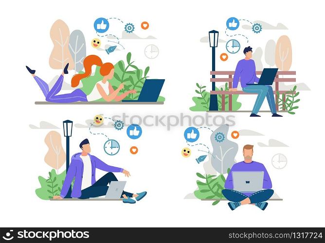 Freelancers, Bloggers Working Online, Networking Set. People Using Laptop for Chatting in Social Media Network, Doing Business via Internet. Ecommerce and Self-Employed Person. Vector Illustration. Freelancers, Bloggers Work Online, Networking Set