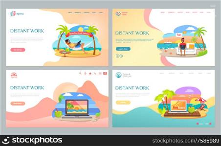 Freelancers lying on hammock and sitting on sofa with laptop, summertime job set, ocean view and monitor of computer, distant work webpage vector. Website template, landing page flat style. Opening Laptop, Working People, Summertime Vector
