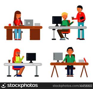 Freelancers male and female at computer workspace. Illustrations of coworkers in flat style. Vector freelancer in office coworking. Freelancers male and female at computer workspace. Illustrations of coworkers in flat style