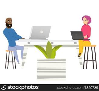 Freelancers Man and Woman Siting at same Table with Laptops in Co-working Space Working Together Businessman and Girl having Meeting. Cartoon Vector Illustration Characters. Freelancers Man Woman Sit at Table with Laptops