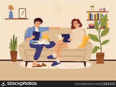 Freelancers. People working from home. Gadget addiction, woman and man with tablets and cat sitting on sofa in living room. Education or business work, vector illustration. Online freelance workplace. Freelancers. People working from home. Gadget addiction, woman and man with tablets and cat sitting on sofa in living room. Education or business work process, vector illustration