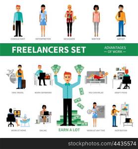 Freelancers Set With Advantages of Work. Freelancers set with advantages of work including icons of specialists vector illustration