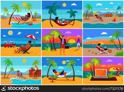 Freelancers work on laptops at tropical resorts. Freelance workers on sandy beach near sea do their job and relax in summer vector illustrations set.. Freelancers Work on Laptops at Tropical Resorts