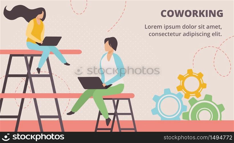 Freelancers Working Online, Artist, Web Designer, Sitting on Ladder with Laptop in Coworking Space, Remote Outsourced Employees Collaboration. Cartoon Flat Vector Illustration, Horizontal Banner.. Freelancers Working Online in Coworking Space