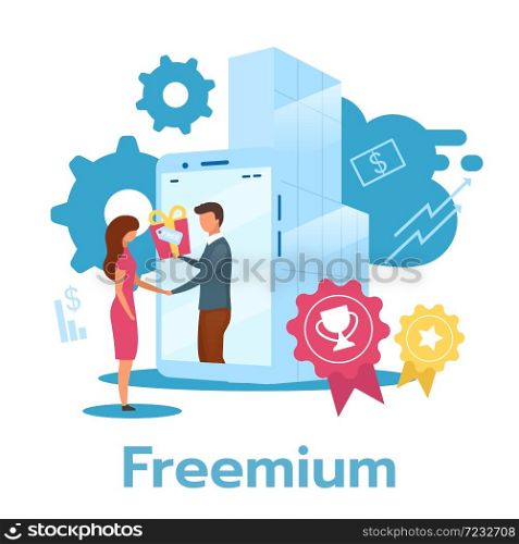 Freemium flat vector illustration. Free product trial period. Software version. Pricing strategy. Subscription service. Business model. Partial access. Isolated cartoon character on white background. Freemium flat vector illustration