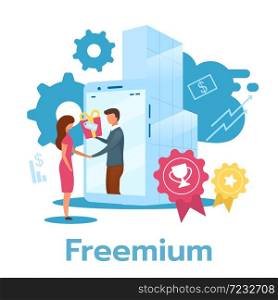 Freemium flat vector illustration. Free product trial period. Software version. Pricing strategy. Subscription service. Business model. Partial access. Isolated cartoon character on white background. Freemium flat vector illustration