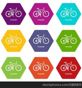 Freeride bike icons 9 set coloful isolated on white for web. Freeride bike icons set 9 vector