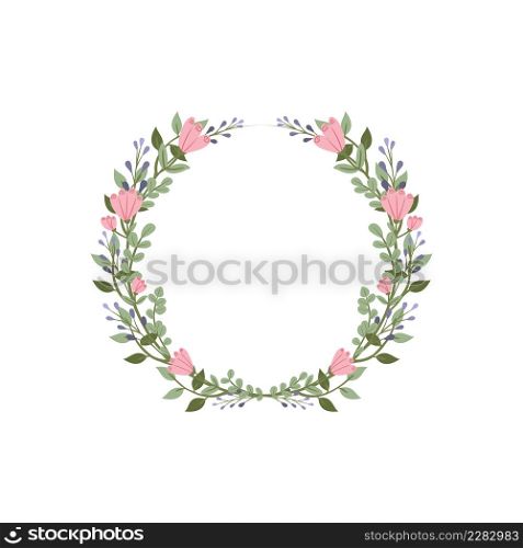 Freesia, limonium and eucalyptus flower wreath. Green decorative ivy. Spring floral vintage round frames. Creeper plant flat vector illustration