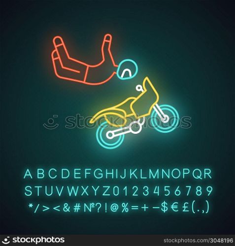 Freestyle motocross neon light icon. Motorcycle stunt riding. Person performing motorcycling air stunt. Extreme sport. Glowing sign with alphabet, numbers and symbols. Vector isolated illustration