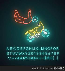 Freestyle motocross neon light icon. Motorcycle stunt riding. Person performing motorcycling air stunt. Extreme sport. Glowing sign with alphabet, numbers and symbols. Vector isolated illustration