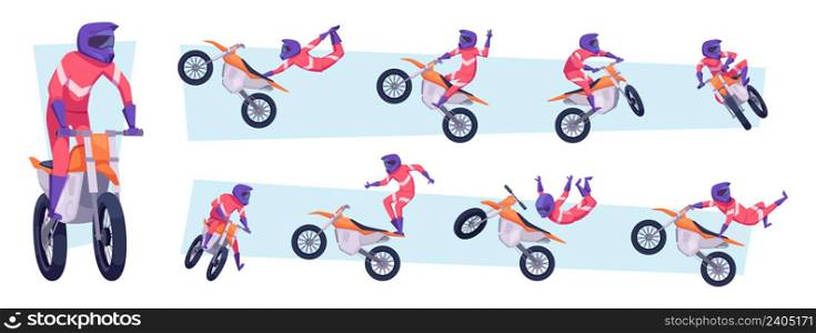 Freestyle motocross. Sport bike riders jump style exact vector motocross drivers in action poses. Illustration of motocross sport, freestyle motorcycle. Freestyle motocross. Sport bike riders jump style exact vector motocross drivers in action poses