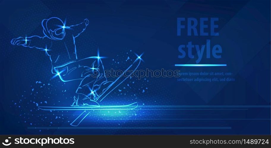 Freestyle ski man figure jumping sport. Blue neon horizontal banner. Olympic winter games. Freestyle ski man speed action. Man extreme figure. Snow board blue neon winter sport vector background.. Freestyle ski man figure jumping sport blue neon
