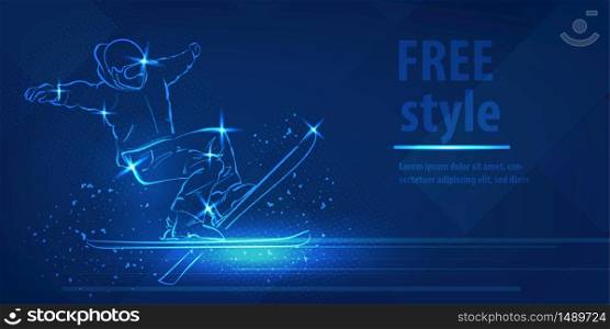 Freestyle ski man figure jumping sport. Blue neon horizontal banner. Olympic winter games. Freestyle ski man speed action. Man extreme figure. Snow board blue neon winter sport vector background.. Freestyle ski man figure jumping sport blue neon