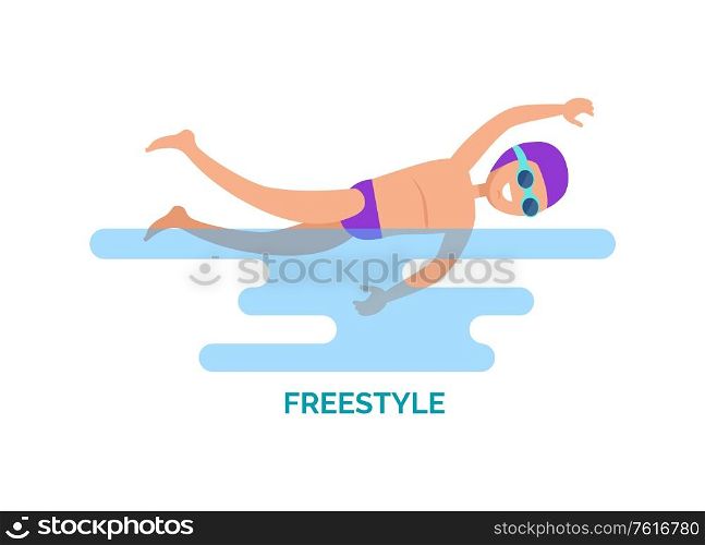 Freestyle swimmer poster and text, Person wearing swimwear, hat and goggles protecting from water splashes. Sportsman in water, swim style vector. Freestyle Swimmer Poster Text Vector Illustration