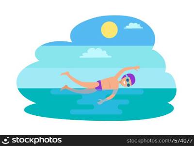 Freestyle swimming person isolated vector. Professional sportsman, man with goggles in water performing stroke practicing techniques. Sport activities. Freestyle Swimming Person Vector Illustration