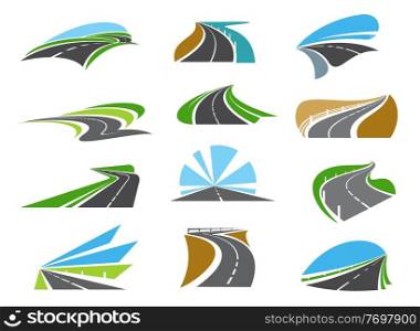 Freeway, highway road icons with roadsides and guardrails. Winding driveway, winding motorway or coastal speed road. Road trip, transportation and logistics industry emblems. Freeway road, straight and winding highway icons