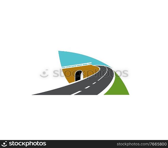 Freeway road turn over tunnel or bridge icon. Motorway and speed highway, driveway intersection, level junction vector. Road journey and travel emblem, transportation industry design element. Freeway road turn over bridge vector icon