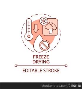 Freeze drying red concept icon. Low temperature dehydration. Food technology abstract idea thin line illustration. Isolated outline drawing. Editable stroke. Arial, Myriad Pro-Bold fonts used. Freeze drying red concept icon