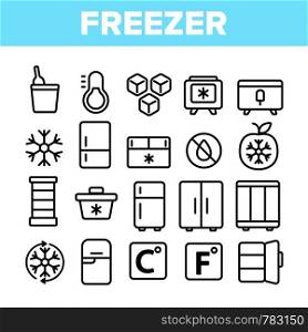 Freezer, Cooling Appliance Linear Vector Icons Set. Frosting and Icing Thin Line Contour Symbols. Cold Storage Pictograms. Refrigerator, Fridge, Ice Chest. Deep Freeze Outline Illustrations Pack. Freezer, Cooling Appliance Linear Vector Icons Set