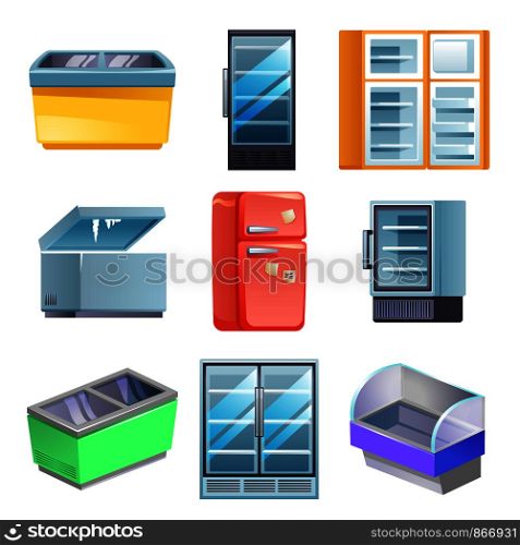 Freezer icons set. Cartoon set of freezer vector icons for web design. Freezer icons set, cartoon style