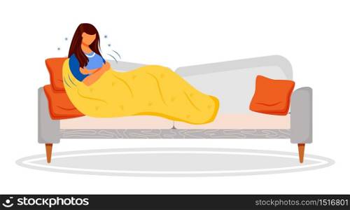 Freezing flat color vector faceless character. Woman with cold on sofa. Sick female suffering fever. Ill person at home. Adult with flu on couch.Symptom of disease isolated cartoon illustration