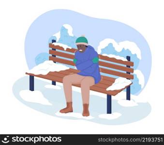 Freezing from cold in park 2D vector isolated illustration. Man shaking sitting on bench in park flat characters on cartoon background. Everyday situation and daily life colourful scene. Freezing from cold in park 2D vector isolated illustration