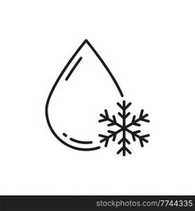 Freezing water, drop with snowflake isolated outline icon. Vector no frost sign, fridge or refrigerator symbol, winter weather forecast sign. Flake and aqua, defrosting and pure refreshing drinks. Aqua drop and snow snowflake outline vector icon